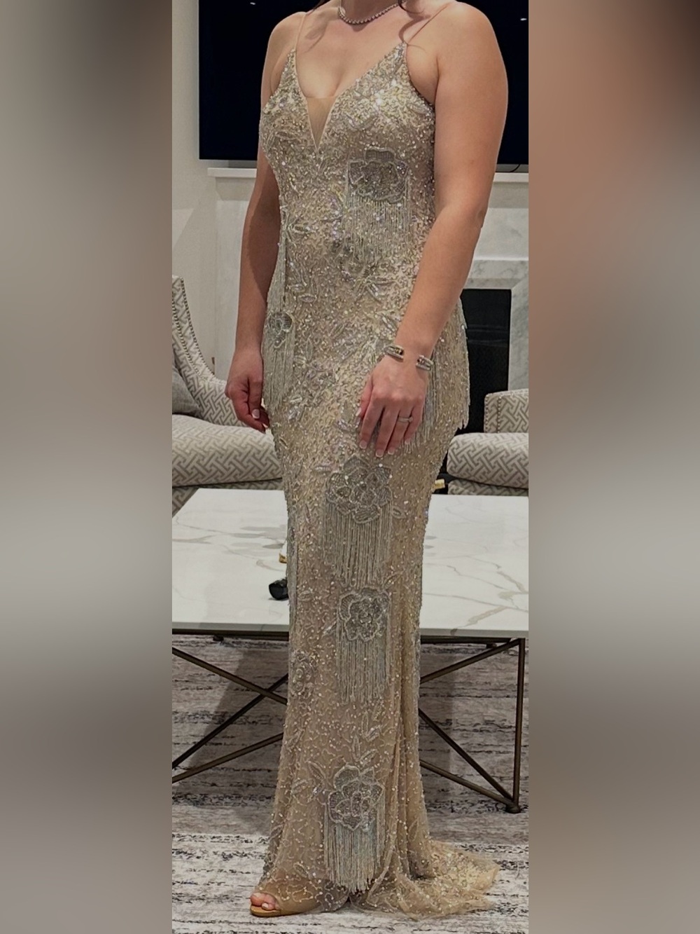 LARA Champagne Beaded Fringe Maxi Dress